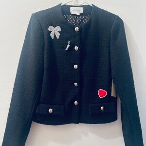 By Anthropologie Black Tweed Pin Jewel Heart Polka Dot Lined Crop Jacket NWT